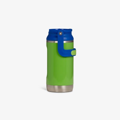 Profile View |12oz Stainless Steel Kids Bottle::Nuclear Green/Majestic Blue::No-look-sip indicator
