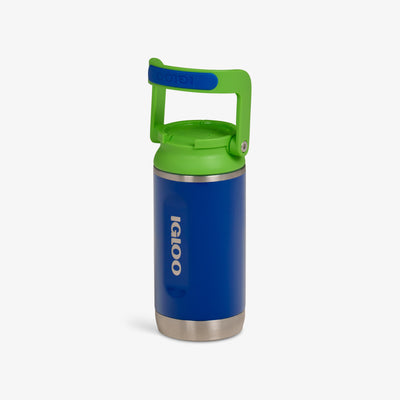 Lid View |12oz Stainless Steel Kids Bottle::Majestic Blue/Nuclear Green::Tuck Tight handle