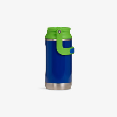 Profile View |12oz Stainless Steel Kids Bottle::Majestic Blue/Nuclear Green::No-look-sip indicator