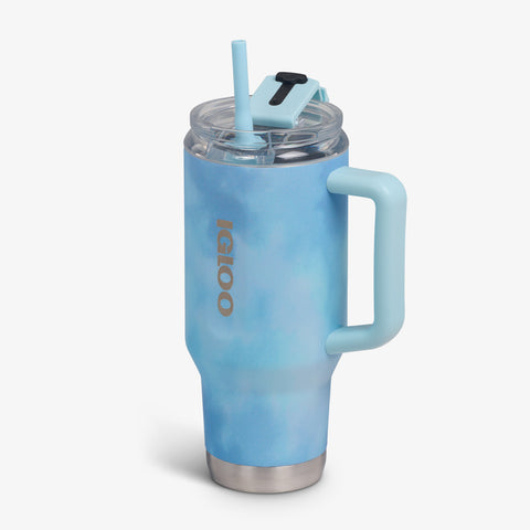 Angle View | 32 Oz Flip ‘n’ Sip Travel Mug::Powder Blue::Fits in standard cup holders