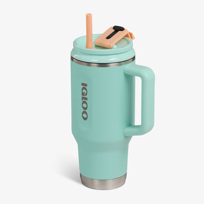 Angle View | 32 Oz Flip ‘n’ Sip Travel Mug::Seafoam Green::Fits in standard cup holders
