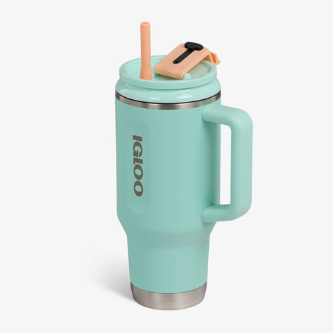 Angle View | 32 Oz Flip ‘n’ Sip Travel Mug::Seafoam Green::Fits in standard cup holders