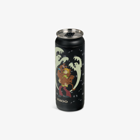 Angle View | Scooby Doo™ Ghosts Glow in the Dark 16 Oz Can::::Sliding mouth-opening tab 