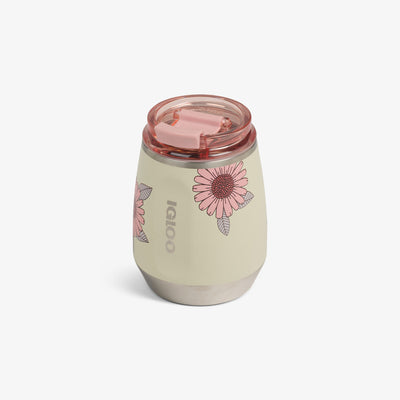 Angle View | Floral 10 Oz Wine Tumbler::Linen::No-look-sip indicator 