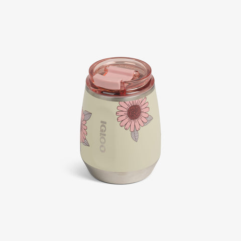 Angle View | Floral 10 Oz Wine Tumbler::Linen::No-look-sip indicator 