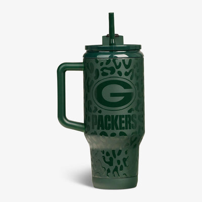 Front View | NFL 32 Oz Leopard Flip ‘n’ Sip Travel Mug::Packers::Glossy leopard print & team logo 