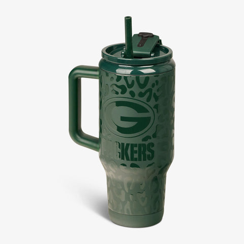 Angle View | NFL 32 Oz Leopard Flip ‘n’ Sip Travel Mug::Packers::Fits most cup holders 
