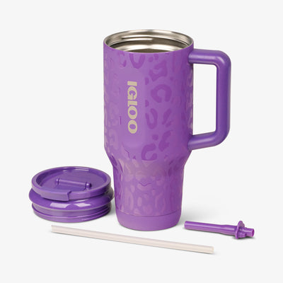 Open View | NFL 32 Oz Leopard Flip ‘n’ Sip Travel Mug::Vikings::Double-wall, vacuum-insulated 