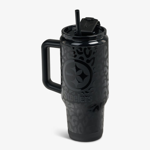 Angle View | NFL 32 Oz Leopard Flip ‘n’ Sip Travel Mug::Steelers::Fits most cup holders 