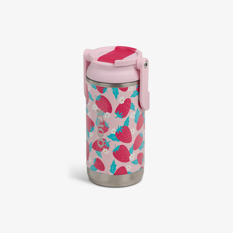 Angle View | Kids Lunch 12 Oz Sipper Bottle::Strawberries::Hot/cold compatible 