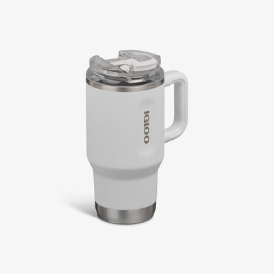 Angle View | 18 Oz Flip ‘n’ Sip Travel Mug::White::No-look-sip indicator