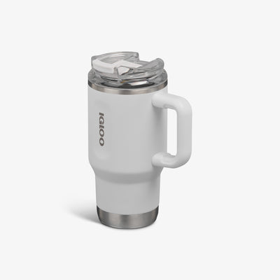 Angle View | 18 Oz Flip ‘n’ Sip Travel Mug::White::Ergonomic handle