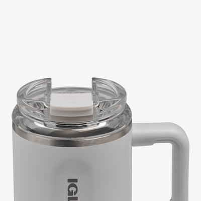 Lid Closed View | 18 Oz Flip ‘n’ Sip Travel Mug::White::Leakproof flip ‘n’ sip lid