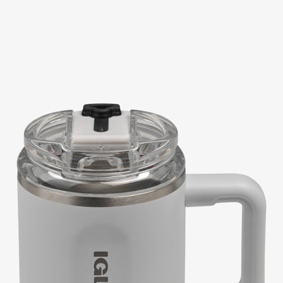 Lid Open View | 18 Oz Flip ‘n’ Sip Travel Mug::White::Hot/cold compatible