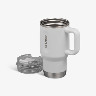 Lid Off View | 18 Oz Flip ‘n’ Sip Travel Mug::White::Double-wall, vacuum-insulated