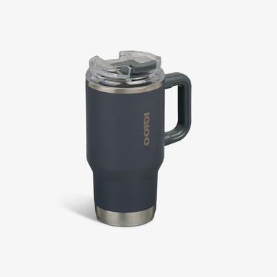 Angle View | 18 Oz Flip ‘n’ Sip Travel Mug::Carbonite::No-look-sip indicator