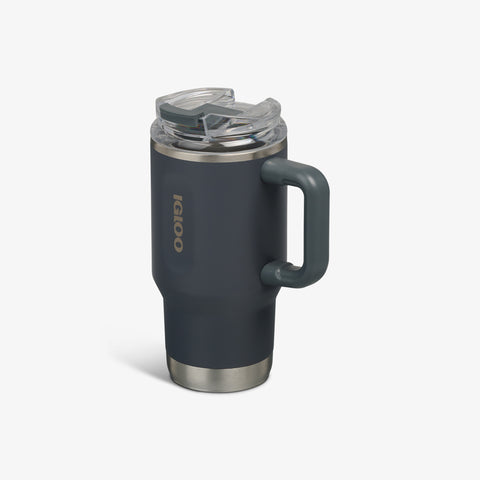 Angle View | 18 Oz Flip ‘n’ Sip Travel Mug::Carbonite::Ergonomic handle
