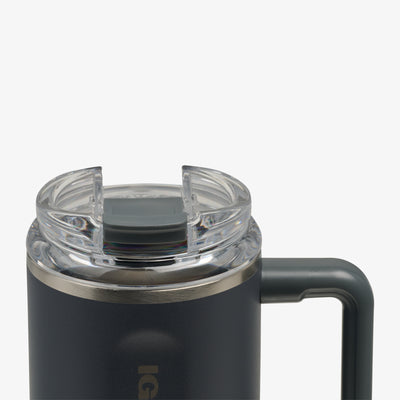 Lid Closed View | 18 Oz Flip ‘n’ Sip Travel Mug::Carbonite::Leakproof flip ‘n’ sip lid