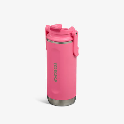 Angle View | 16 Oz Flip ‘n’ Sip Tumbler::Thrift Pink::No-look-sip indicator