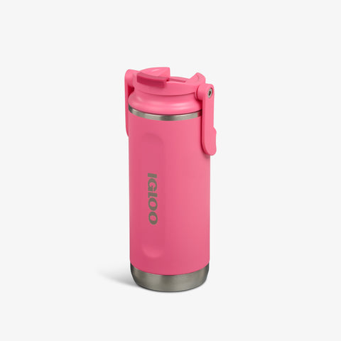 Angle View | 16 Oz Flip ‘n’ Sip Tumbler::Thrift Pink::No-look-sip indicator