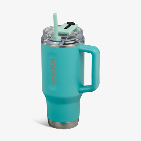 Angle View | 32 Oz Flip ‘n’ Sip Travel Mug::Lagoon Teal::Fits in standard cup holders