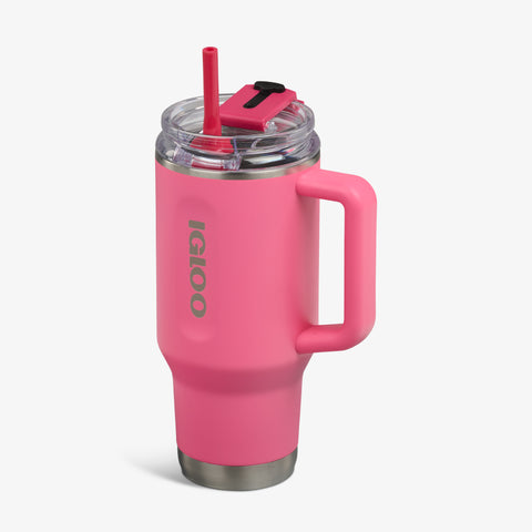 Angle View | 32 Oz Flip ‘n’ Sip Travel Mug::Thrift Pink::Fits in standard cup holders