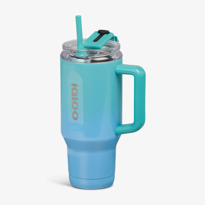 Angle View | 32 Oz Flip ‘n’ Sip Travel Mug::Gradient Teal::Fits in standard cup holders
