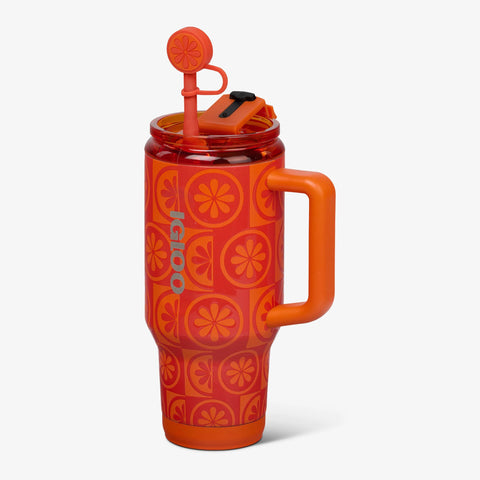 Angle View | 32 Oz Flip ‘n’ Sip Travel Mug::Orange::Fits in standard cup holders