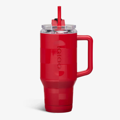 Front View | 32 Oz Flip ‘n’ Sip Travel Mug::Crimson Check::Up to 48hrs cold / 8hrs hot*