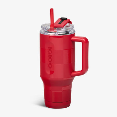 Angle View | 32 Oz Flip ‘n’ Sip Travel Mug::Crimson Check::Fits in standard cup holders