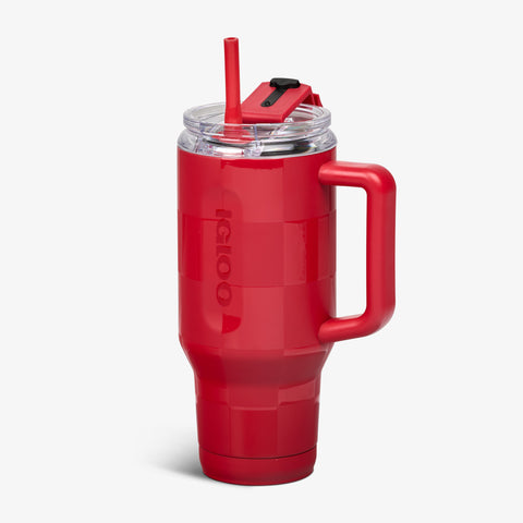 Angle View | 32 Oz Flip ‘n’ Sip Travel Mug::Crimson Check::Fits in standard cup holders
