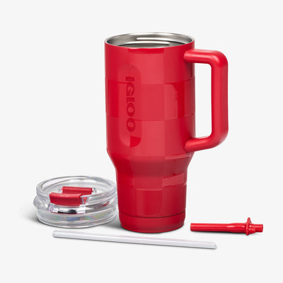 Parts View | 32 Oz Flip ‘n’ Sip Travel Mug::Crimson Check::Double-wall, vacuum-insulated