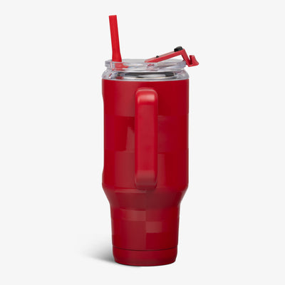 Side View | 32 Oz Flip ‘n’ Sip Travel Mug::Crimson Check::Side handle