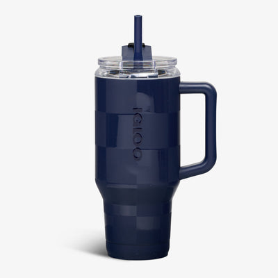 Front View | 32 Oz Flip ‘n’ Sip Travel Mug::Navy Check::Up to 48hrs cold / 8hrs hot*