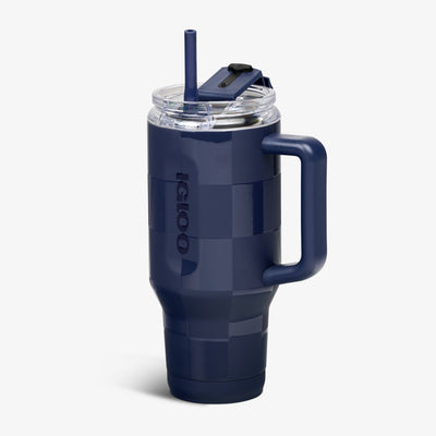 Angle View | 32 Oz Flip ‘n’ Sip Travel Mug::Navy Check::Fits in standard cup holders