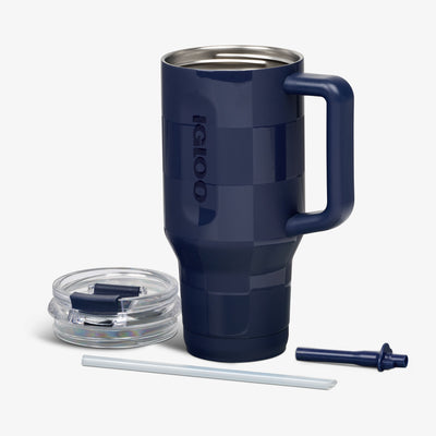Parts View | 32 Oz Flip ‘n’ Sip Travel Mug::Navy Check::Double-wall, vacuum-insulated