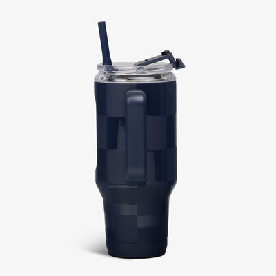 Side View | 32 Oz Flip ‘n’ Sip Travel Mug::Navy Check::Side handle