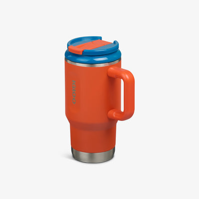 Angle View | Kids Lunch 18 Oz Travel Mug::Safety Orange::Side handle