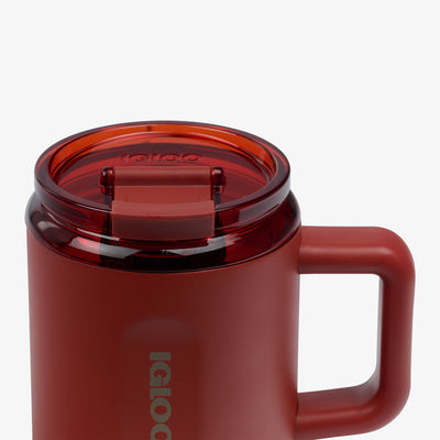 Lid Closed View | 15 Oz Ceramic-Lined Coffee Mug::Amber::Leakproof flip ‘n’ sip lid