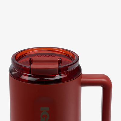Lid Closed View | 32 Oz Ceramic-Lined Travel Mug::Amber::Leakproof flip ‘n’ sip lid