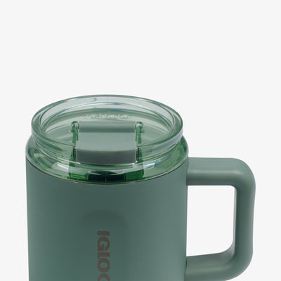 Lid Closed View | 15 Oz Ceramic-Lined Coffee Mug::Sage::Leakproof flip ‘n’ sip lid