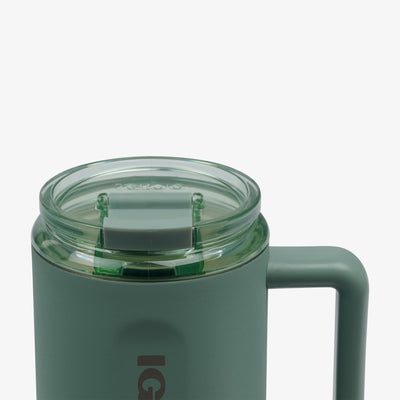 Lid Closed View | 32 Oz Ceramic-Lined Travel Mug::Sage::Leakproof flip ‘n’ sip lid
