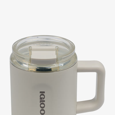 Lid Closed View | 15 Oz Ceramic-Lined Coffee Mug::Chalk::Leakproof flip ‘n’ sip lid