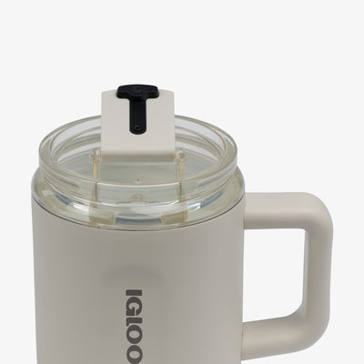 Lid Open View | 15 Oz Ceramic-Lined Coffee Mug::Chalk::Hot/cold compatible