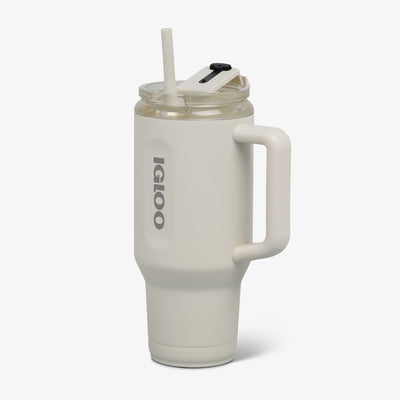Angle View | 32 Oz Ceramic-Lined Travel Mug::Chalk::Hot/cold compatible