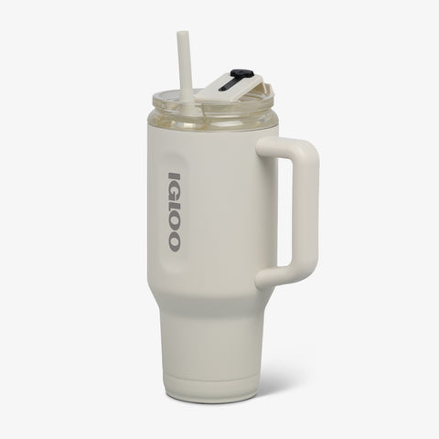 Angle View | 32 Oz Ceramic-Lined Travel Mug::Chalk::Hot/cold compatible