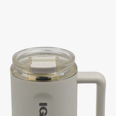 Lid Closed View | 32 Oz Ceramic-Lined Travel Mug::Chalk::Leakproof flip ‘n’ sip lid