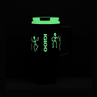 Angle View | 32 Oz Flip ‘n’ Sip Travel Mug::Skeleton Glow::Glows in the dark