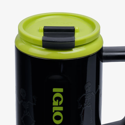 Angle View | 32 Oz Flip ‘n’ Sip Travel Mug::Skeleton Glow::Leakproof Flip ‘n’ Sip lid