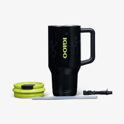Angle View | 32 Oz Flip ‘n’ Sip Travel Mug::Skeleton Glow::Double-wall, vacuum-insulated